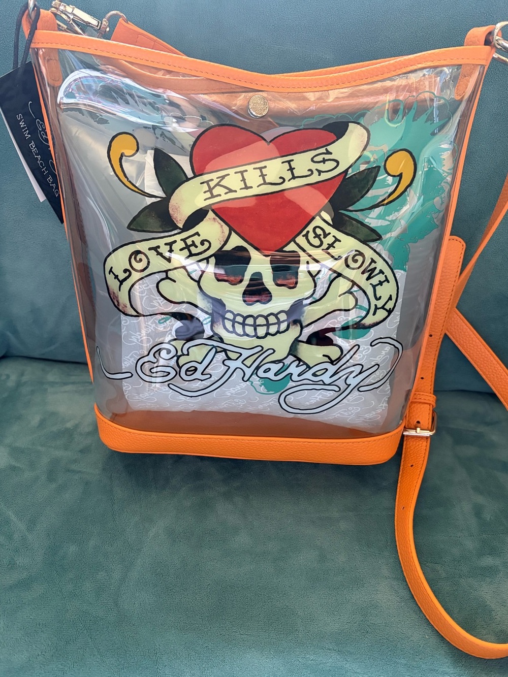 NWT Ed Hardy Orange Clear Bucket Crossbody Bag